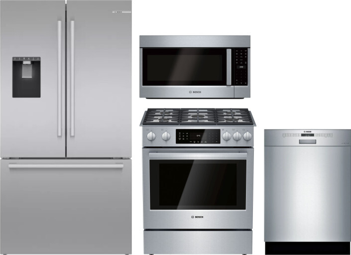 Bosch 4 Piece Kitchen Appliances Package with French Door Refrigerator, Gas Range, Dishwasher and Over the Range Microwave in Stainless Steel BORERADW
