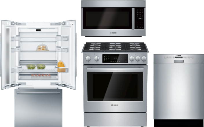 Bosch 4 Piece Kitchen Appliances Package with French Door Refrigerator, Gas Range, Dishwasher and Over the Range Microwave in Stainless Steel BORERADW