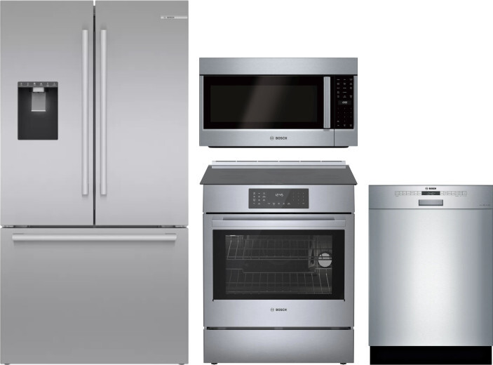 Bosch 4 Piece Kitchen Appliances Package with French Door Refrigerator, Induction Range, Dishwasher and Over the Range Microwave in Stainless Steel BO