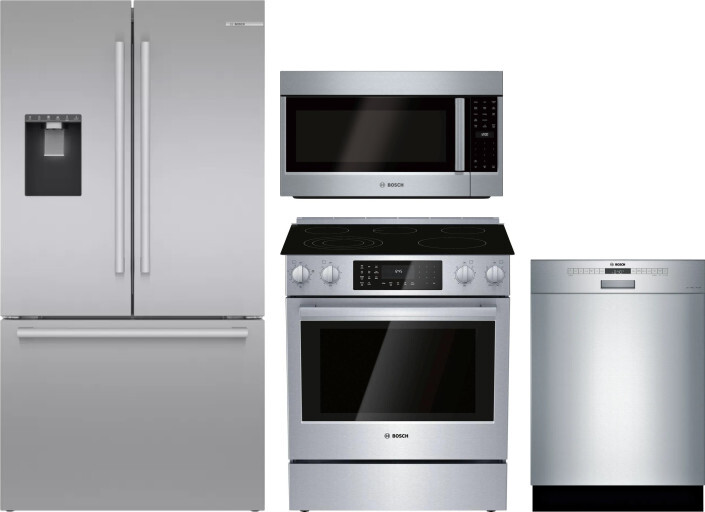 Bosch 4 Piece Kitchen Appliances Package with French Door Refrigerator, Electric Range, Dishwasher and Over the Range Microwave in Stainless Steel BOR