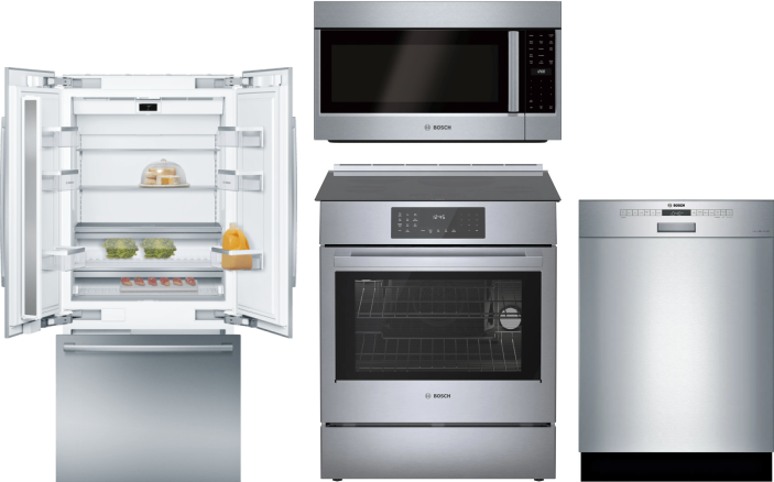 Bosch 4 Piece Kitchen Appliances Package with French Door Refrigerator, Induction Range, Dishwasher and Over the Range Microwave in Stainless Steel BO