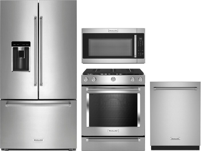 KitchenAid 4 Piece Kitchen Appliances Package with French Door Refrigerator, Gas Range, Dishwasher and Over the Range Microwave in Stainless Steel KAR