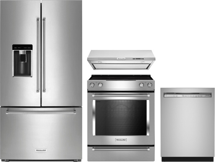 KitchenAid 4 Piece Kitchen Appliances Package with French Door Refrigerator, Electric Range and Dishwasher in Stainless Steel KARERADWRH111