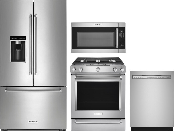 KitchenAid 4 Piece Kitchen Appliances Package with French Door Refrigerator, Gas Range, Dishwasher and Over the Range Microwave in Stainless Steel KAR