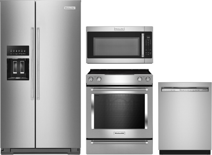 KitchenAid 4 Piece Kitchen Appliances Package with Side-by-Side Refrigerator, Electric Range, Dishwasher and Over the Range Microwave in Stainless Ste