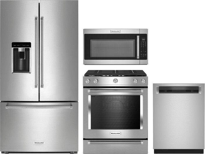 KitchenAid 4 Piece Kitchen Appliances Package with French Door Refrigerator, Gas Range, Dishwasher and Over the Range Microwave in Stainless Steel KAR