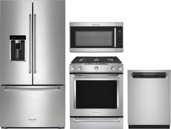 KitchenAid 4 Piece Kitchen Appliances Package with French Door Refrigerator, Gas Range, Dishwasher and Over the Range Microwave in Stainless Steel KAR