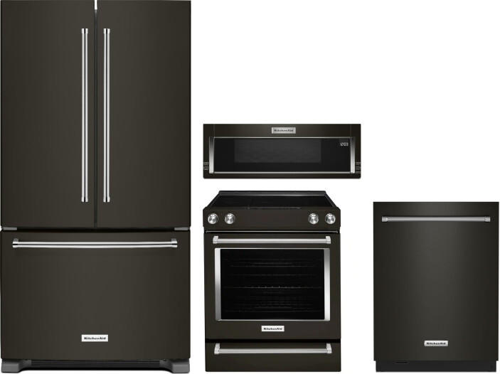KitchenAid 4 Piece Kitchen Appliances Package with French Door Refrigerator, Electric Range, Dishwasher and Over the Range Microwave in Black Stainles