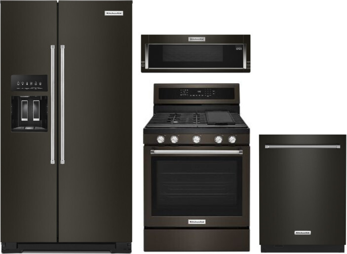KitchenAid 4 Piece Kitchen Appliances Package with Side-by-Side Refrigerator, Gas Range, Dishwasher and Over the Range Microwave in Black Stainless St
