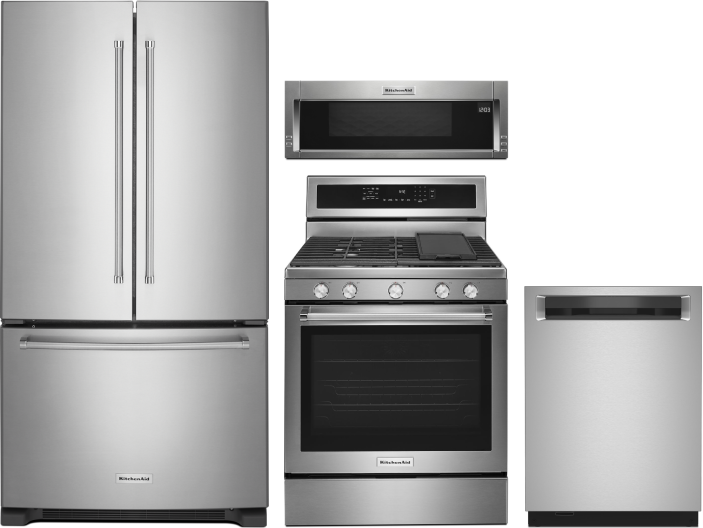 KitchenAid 4 Piece Kitchen Appliances Package with French Door Refrigerator, Gas Range, Dishwasher and Over the Range Microwave in Stainless Steel KAR