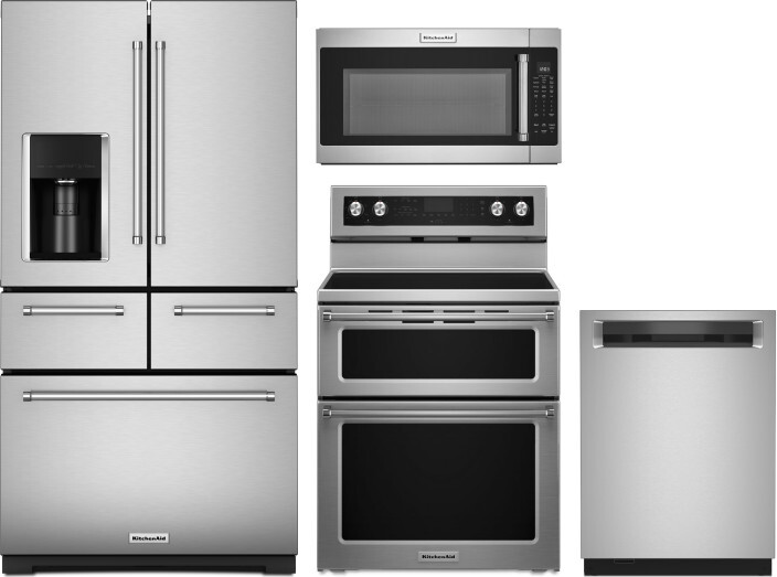 KitchenAid 4 Piece Kitchen Appliances Package with French Door Refrigerator, Electric Range, Dishwasher and Over the Range Microwave in Stainless Stee