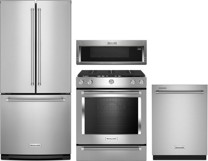 KitchenAid 4 Piece Kitchen Appliances Package with French Door Refrigerator, Gas Range, Dishwasher and Over the Range Microwave in Stainless Steel KAR