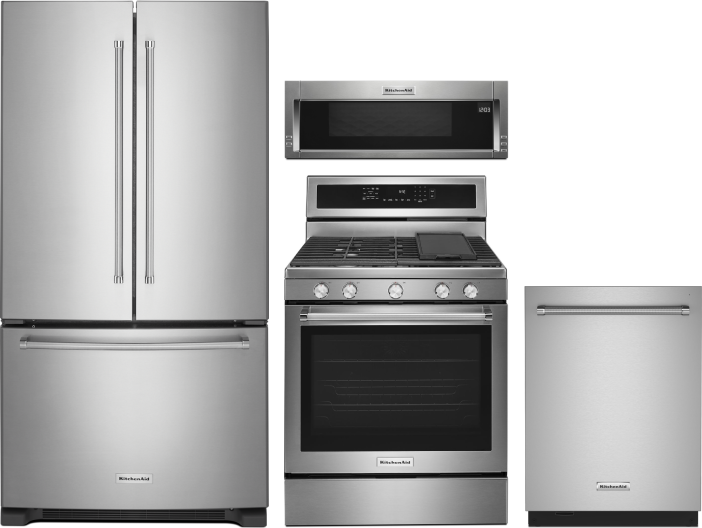 KitchenAid 4 Piece Kitchen Appliances Package with French Door Refrigerator, Gas Range, Dishwasher and Over the Range Microwave in Stainless Steel KAR