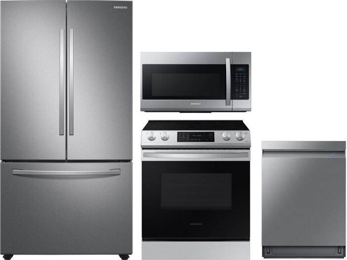 Samsung 4 Piece Kitchen Appliances Package with French Door Refrigerator, Electric Range, Dishwasher and Over the Range Microwave in Stainless Steel S