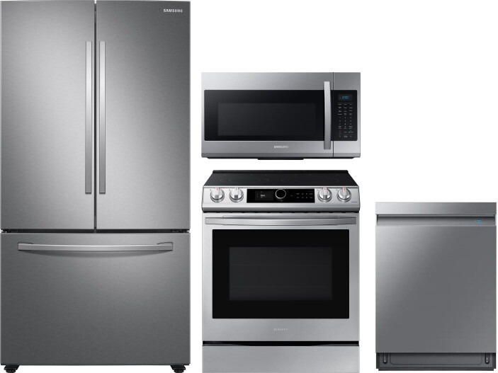Samsung 4 Piece Kitchen Appliances Package with French Door Refrigerator, Electric Range, Dishwasher and Over the Range Microwave in Stainless Steel S