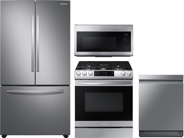Samsung 4 Piece Kitchen Appliances Package with French Door Refrigerator, Gas Range, Dishwasher and Over the Range Microwave in Stainless Steel SARERA