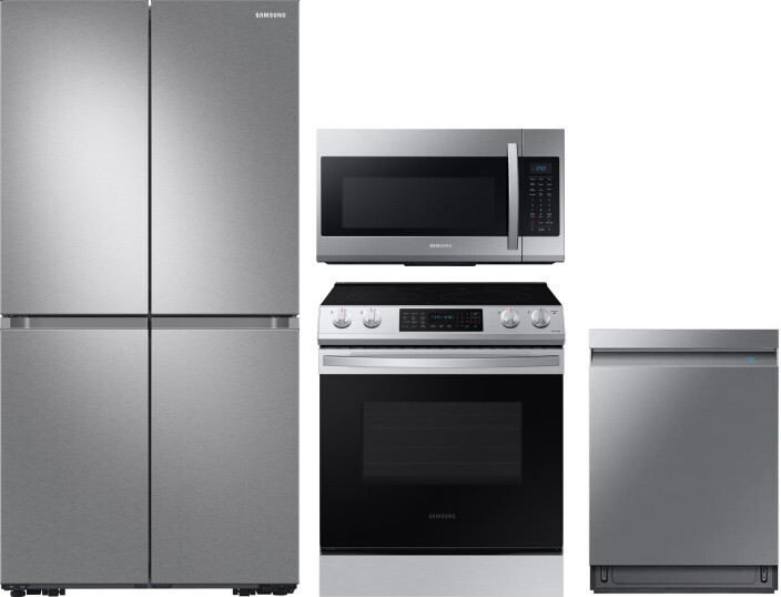 Samsung 4 Piece Kitchen Appliances Package with French Door Refrigerator, Electric Range, Dishwasher and Over the Range Microwave in Stainless Steel S
