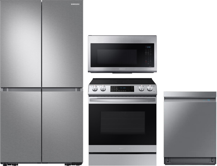 Samsung 4 Piece Kitchen Appliances Package with French Door Refrigerator, Electric Range, Dishwasher and Over the Range Microwave in Stainless Steel S