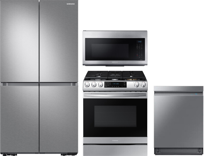 Samsung 4 Piece Kitchen Appliances Package with French Door Refrigerator, Gas Range, Dishwasher and Over the Range Microwave in Stainless Steel SARERA