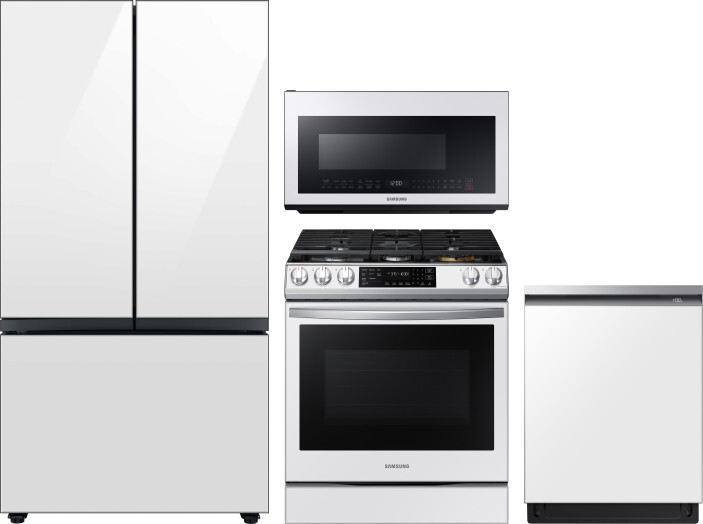 4 Piece Kitchen Appliances Package with French Door Refrigerator, Gas Range, Dishwasher and Over the Range Microwave in White - Samsung SARERADWMW7605