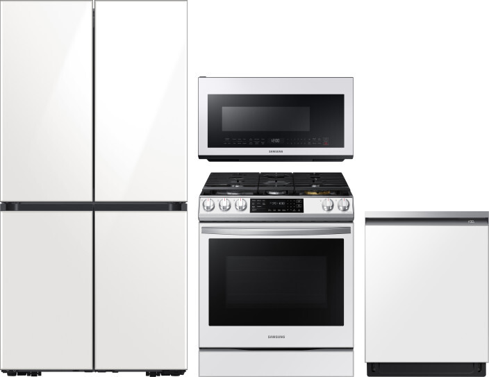 4 Piece Kitchen Appliances Package with French Door Refrigerator, Gas Range, Dishwasher and Over the Range Microwave in White - Samsung SARERADWMW7610