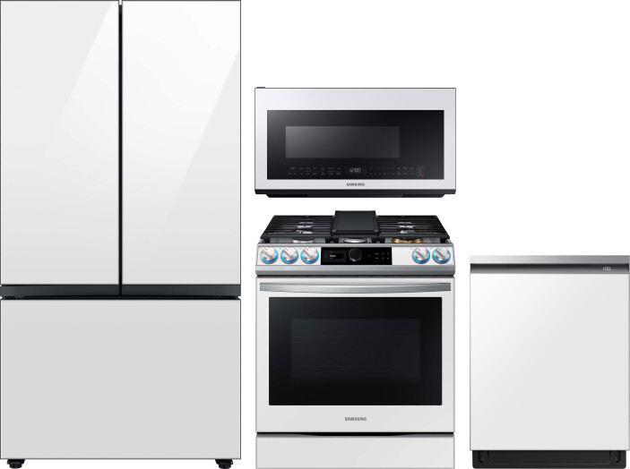 4 Piece Kitchen Appliances Package with French Door Refrigerator, Gas Range, Dishwasher and Over the Range Microwave in White - Samsung SARERADWMW7616