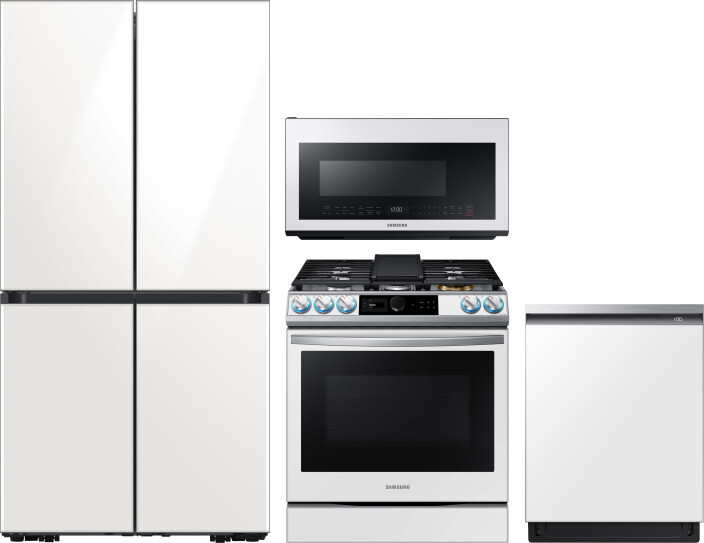 4 Piece Kitchen Appliances Package with French Door Refrigerator, Gas Range, Dishwasher and Over the Range Microwave in White - Samsung SARERADWMW7621