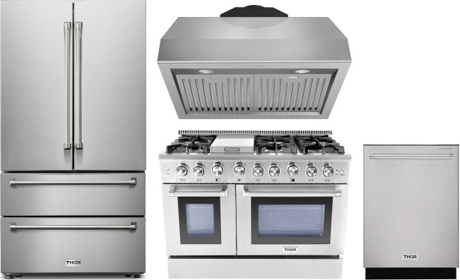 Thor Kitchen 4 Piece Kitchen Appliances Package with French Door Refrigerator, Gas Range and Dishwasher in Stainless Steel THORERADWRH100