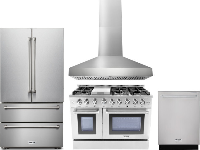 Thor Kitchen 4 Piece Kitchen Appliances Package with French Door Refrigerator, Gas Range and Dishwasher in Stainless Steel THORERADWRH101