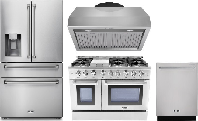Thor Kitchen 4 Piece Kitchen Appliances Package with French Door Refrigerator, Gas Range and Dishwasher in Stainless Steel THORERADWRH102