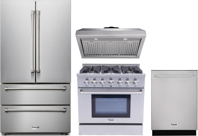 Thor Kitchen 4 Piece Kitchen Appliances Package with French Door Refrigerator, Gas Range and Dishwasher in Stainless Steel THORERADWRH104