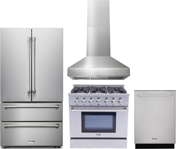 Thor Kitchen 4 Piece Kitchen Appliances Package with French Door Refrigerator, Gas Range and Dishwasher in Stainless Steel THORERADWRH105