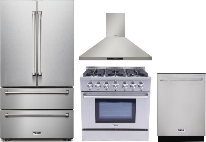 Thor Kitchen 4 Piece Kitchen Appliances Package with French Door Refrigerator, Gas Range and Dishwasher in Stainless Steel THORERADWRH106