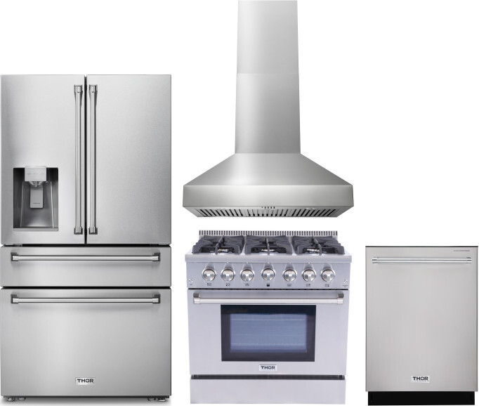 Thor Kitchen 4 Piece Kitchen Appliances Package with French Door Refrigerator, Gas Range and Dishwasher in Stainless Steel THORERADWRH108