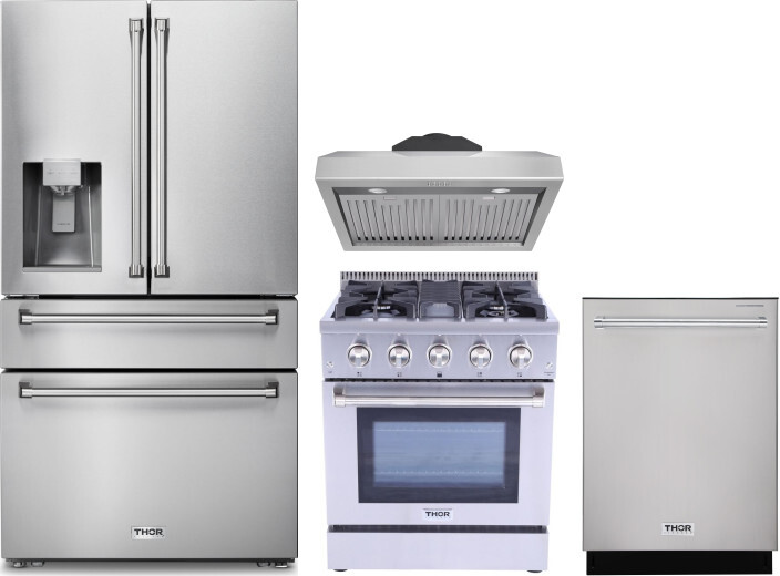 Thor Kitchen 4 Piece Kitchen Appliances Package with French Door Refrigerator, Gas Range and Dishwasher in Stainless Steel THORERADWRH113