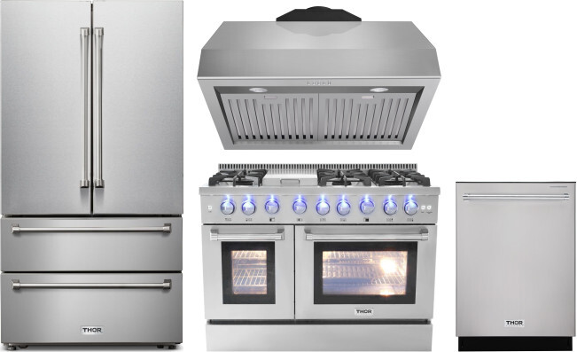 Thor Kitchen 4 Piece Kitchen Appliances Package with French Door Refrigerator, Dual Fuel Range and Dishwasher in Stainless Steel THORERADWRH116
