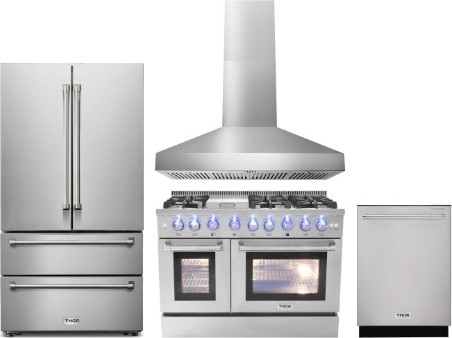Thor Kitchen 4 Piece Kitchen Appliances Package with French Door Refrigerator, Dual Fuel Range and Dishwasher in Stainless Steel THORERADWRH117