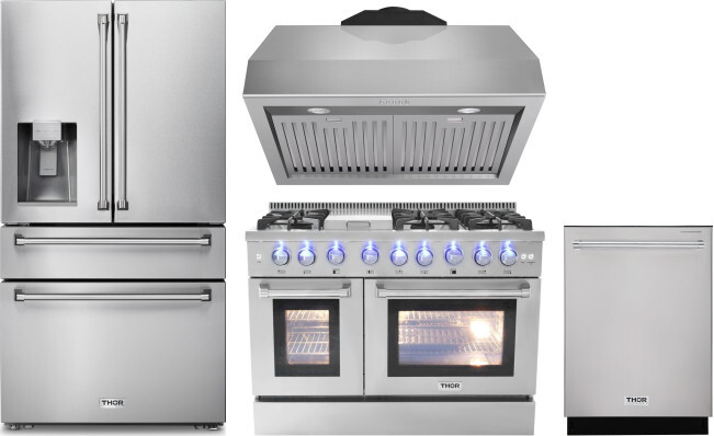 Thor Kitchen 4 Piece Kitchen Appliances Package with French Door Refrigerator, Dual Fuel Range and Dishwasher in Stainless Steel THORERADWRH118