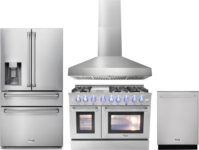 Thor Kitchen 4 Piece Kitchen Appliances Package with French Door Refrigerator, Dual Fuel Range and Dishwasher in Stainless Steel THORERADWRH119
