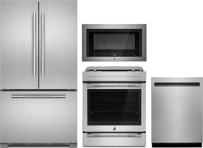JennAir 4 Piece Kitchen Appliances Package with French Door Refrigerator, Electric Range, Dishwasher and Over the Range Microwave in Stainless Steel J