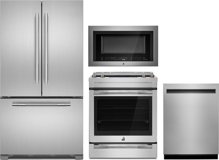 JennAir 4 Piece Kitchen Appliances Package with French Door Refrigerator, Electric Range, Dishwasher and Over the Range Microwave in Stainless Steel J