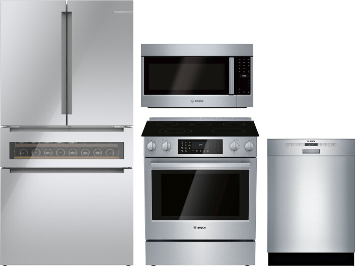 Bosch 4 Piece Kitchen Appliances Package with French Door Refrigerator, Electric Range, Dishwasher and Over the Range Microwave in Glass over Stainles