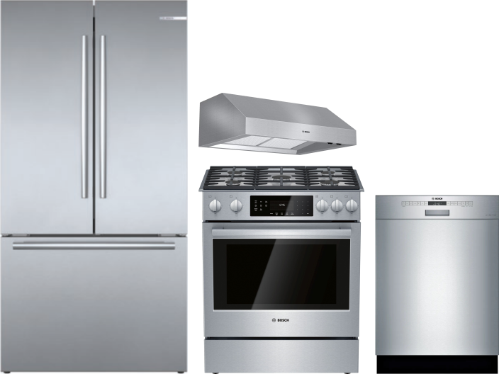 Bosch 4 Piece Kitchen Appliances Package with French Door Refrigerator, Gas Range and Dishwasher in Stainless Steel BORERADWRH560