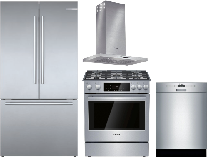 Bosch 4 Piece Kitchen Appliances Package with French Door Refrigerator, Dual Fuel Range and Dishwasher in Stainless Steel BORERADWRH566
