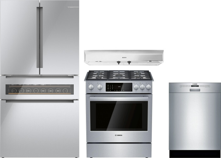 Bosch 4 Piece Kitchen Appliances Package with French Door Refrigerator, Dual Fuel Range and Dishwasher in Glass over Stainless Steel BORERADWRH569
