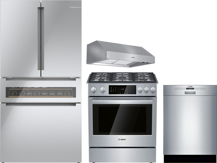 Bosch 4 Piece Kitchen Appliances Package with French Door Refrigerator, Gas Range and Dishwasher in Glass over Stainless Steel BORERADWRH575