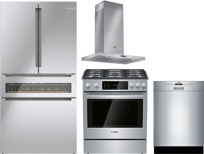 Bosch 4 Piece Kitchen Appliances Package with French Door Refrigerator, Dual Fuel Range and Dishwasher in Glass over Stainless Steel BORERADWRH581
