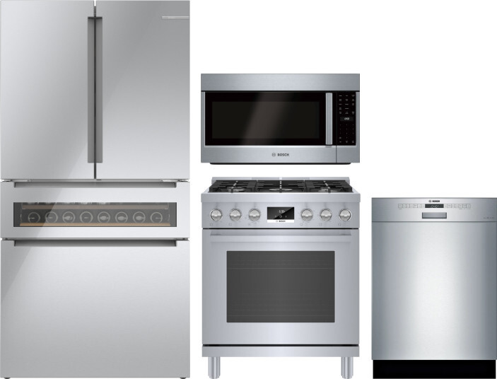 Bosch 4 Piece Kitchen Appliances Package with French Door Refrigerator, Gas Range, Dishwasher and Over the Range Microwave in Glass over Stainless Ste