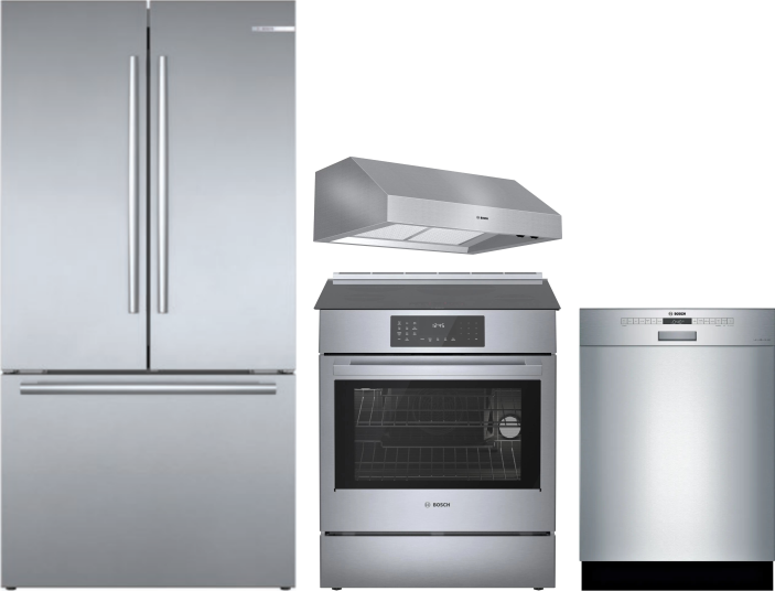 Bosch 4 Piece Kitchen Appliances Package with French Door Refrigerator, Induction Range and Dishwasher in Stainless Steel BORERADWRH590