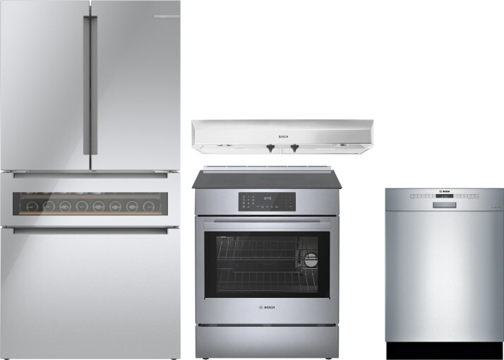 Bosch 4 Piece Kitchen Appliances Package with French Door Refrigerator, Induction Range and Dishwasher in Glass over Stainless Steel BORERADWRH599